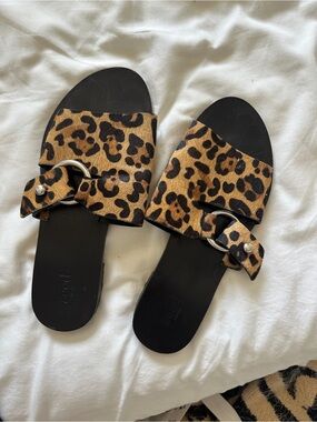 Leopard Print Slide Sandals with Silver Ring Accent - Women
